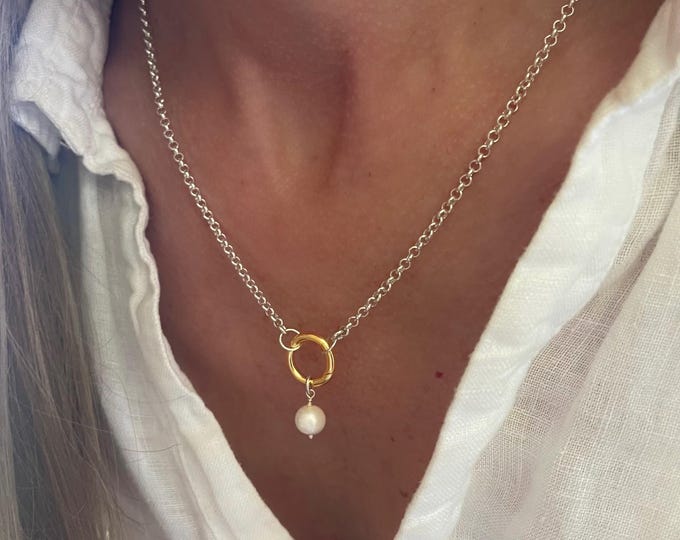 Mixed Metals Rolo Charm Clasp Necklace | removable pearl pendant | 925 sterling silver + 14k gold vermeil | 2.5mm chain width