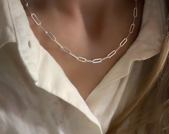 Silver Paperclip Necklace | flat 3.5mm chain | 2 silver metal options