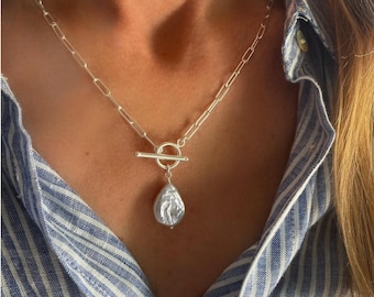925 Silver Toggle Teardrop Pearl Necklace | paperclip chain | 925 sterling silver