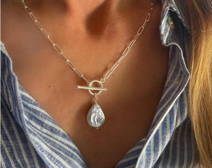925 Silver Toggle Teardrop Pearl Necklace | paperclip chain | 925 sterling silver