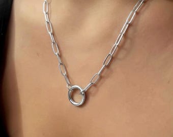 Circle Charm Necklace | silver premium plate | paperclip chain