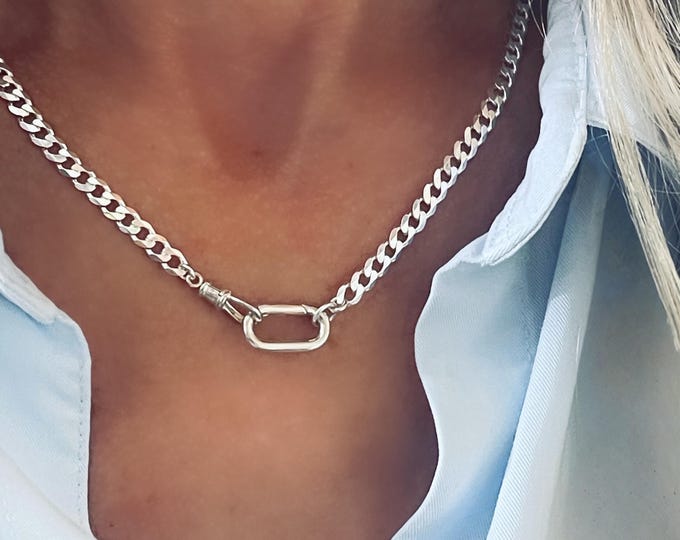 Sterling Silver Carabiner Charm Clasp Necklace | curb chain, 4.5mm