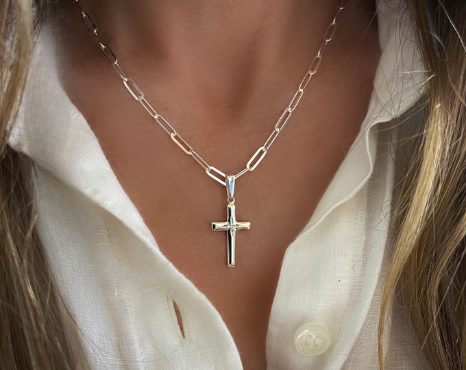 Silver Flat Paperclip Cross Necklace | removable pendant | 925 sterling silver