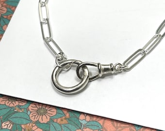 925 Paperclip Double Clasps Necklace | Albert swivel clasp + round charm clasp | 925 sterling silver