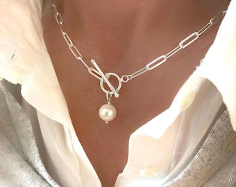 925 Silver Toggle Pearl Necklace | gift for her | flat paperclip chain 4x11.5mm links |