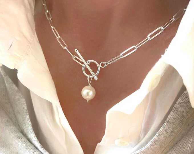 925 Silver Toggle Pearl Necklace | gift for her | flat paperclip chain 4x11.5mm links |