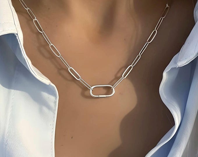 Carabiner Paperclip Necklace | 925 Silver Heavy Plate, Add Charms