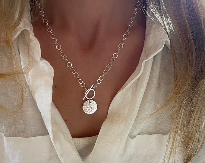 Silver Toggle Necklace | coin medallion pendant | 925 sterling silver | lightweight chain