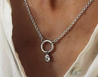 Sterling Silver Oval CZ Pendant Necklace | charm clasp | 2.8mm rolo chain
