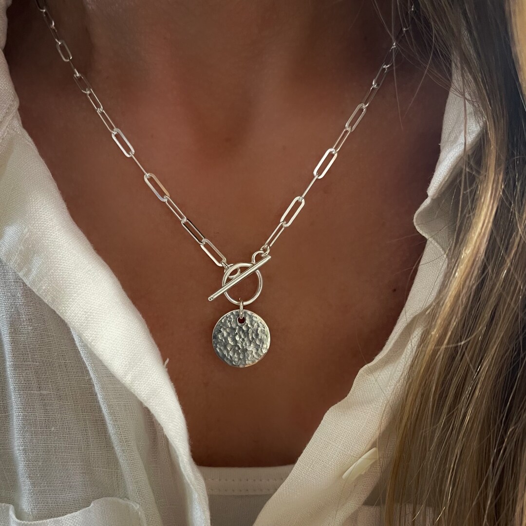 Silver Flat Paperclip Toggle Necklace Medallion Pendant 925 Sterling