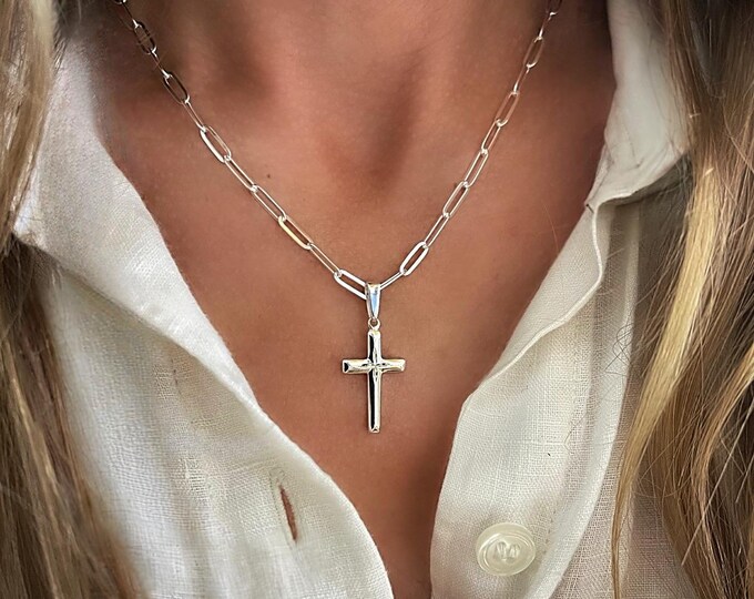 925 Silver Cross Pendant | paperclip chain in 2 metal options