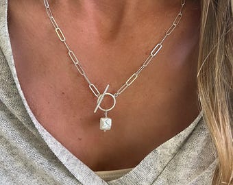 925 Silver Small Square Pearl Necklace | lightweight paperclip chain 3.5x11mm | gift for her