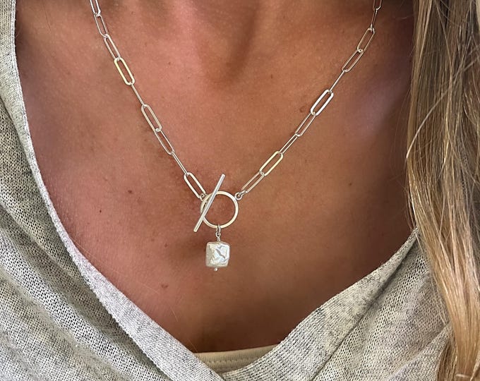 925 Silver Small Square Pearl Necklace | flat paperclip chain 3.5x10mm | gift for her