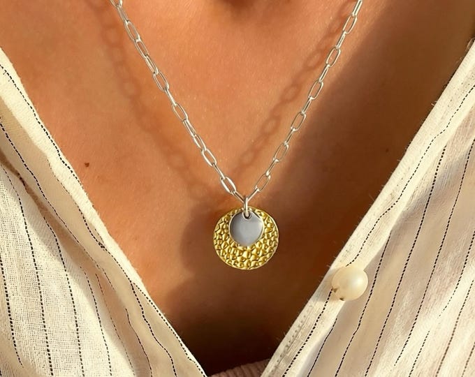 Mixed Metals Circle Pendant Necklace | 925 Sterling + Gold vermeil