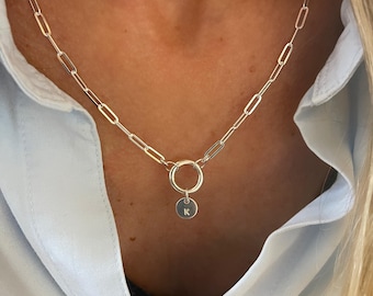 925 Flat Paperclip Initial Charm Holder Necklace | 925 Sterling Silver | gift for Mom | choose # of charms