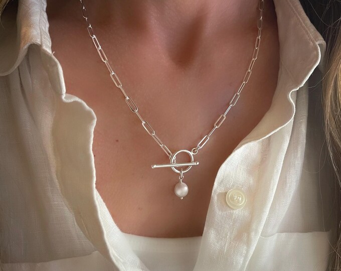 925 Silver Toggle Pearl Necklace | paperclip chain | classic gift for her | sterling silver
