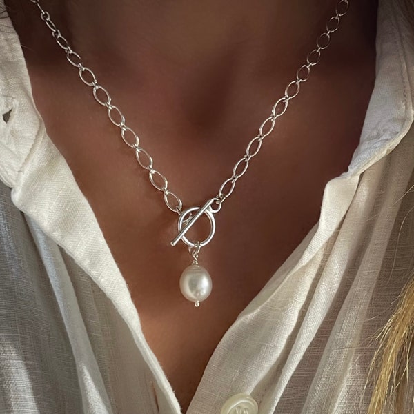 Silver Toggle Pearl Necklace | gift for her | 925 sterling silver