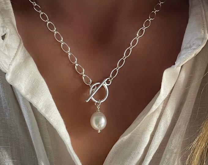 Silver Toggle Pearl Necklace | gift for her | 925 sterling silver