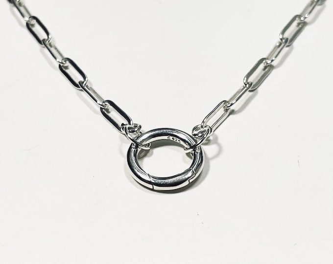 925 Sterling Silver Paperclip Chain Necklace • Front Charm Collector Clasp • 3.5mm wide chain