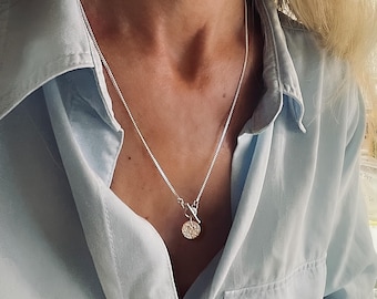 Sterling Silver Toggle Necklace | Dainty Curb Chain, Textured Disc Medallion