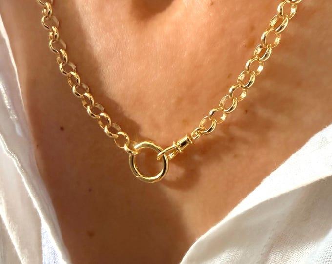Chunky Gold Necklace | double clasps | 6mm rolo chain | lightweight, 14k Premium Plate
