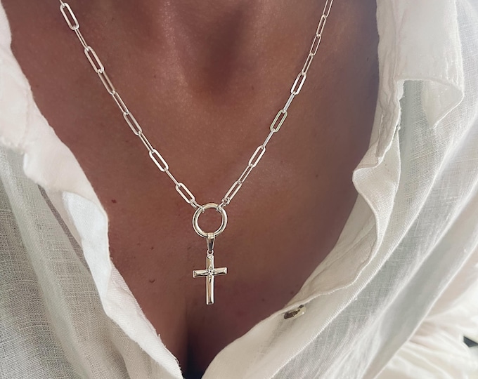925 Silver Cross Necklace on Charm Clasp | removable pendant | flat paperclip chain | 925 sterling silver