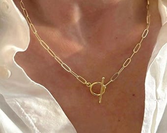 Gold Toggle Paperclip Necklace | 14K Gold Thick-Plate | lightweight chain