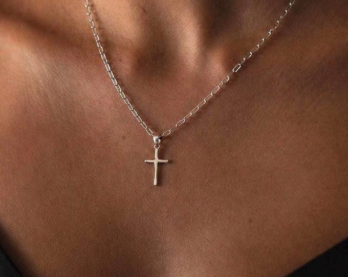 Sterling Silver Cross Necklace | dainty paperclip chain