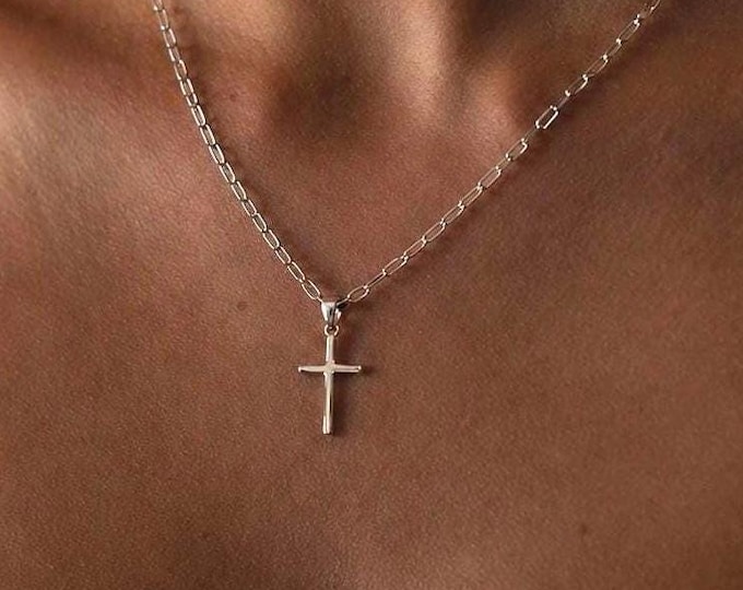 Sterling Silver Cross Necklace | dainty paperclip chain