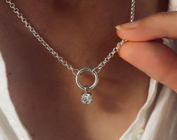 Sterling Silver Charm Clasp CZ Pendant Necklace | 2.8mm rolo chain