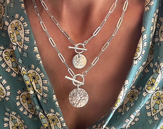 Silver Toggle Medallion Necklace | flat paperclip chain | pendant in 2 sizes | 925 sterling silver | 4 x 11.5mm links