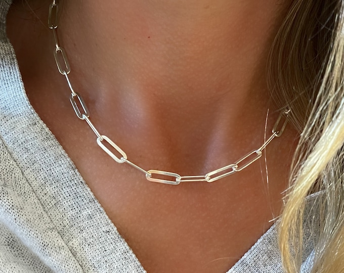 925 Silver Flat Paperclip Chain Necklace | large 4.5 x 14mm links | gift for her