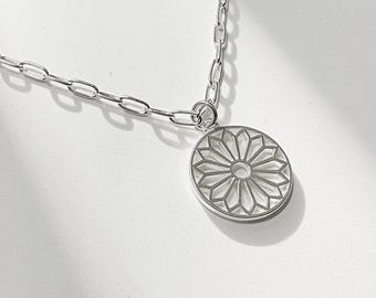 Sterling Silver Sunburst Pendant Necklace | Paperclip Chain