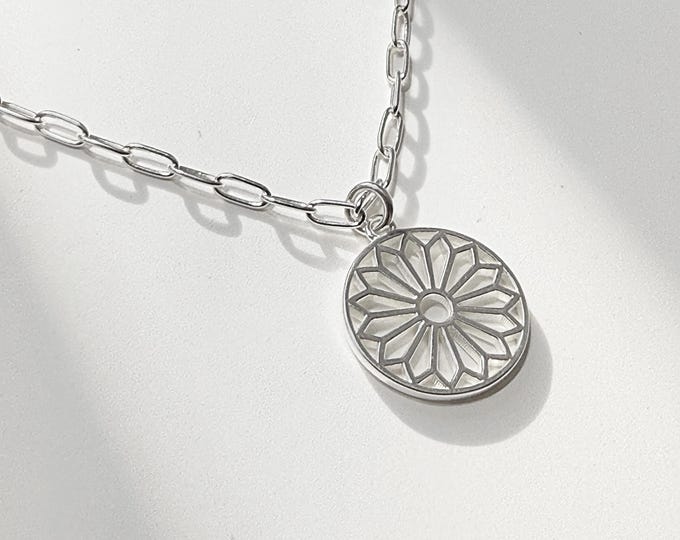 Sterling Silver Sunburst Pendant Necklace | Paperclip Chain