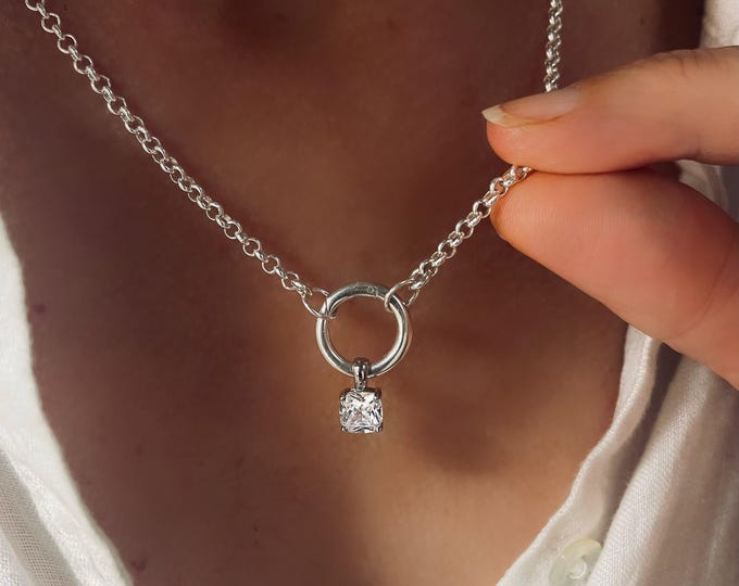 Sterling Silver Charm Clasp CZ Pendant Necklace | 2.8mm rolo chain