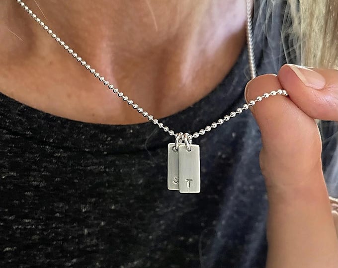 Small Initial Tags Necklace | bead ball chain | 925 sterling silver