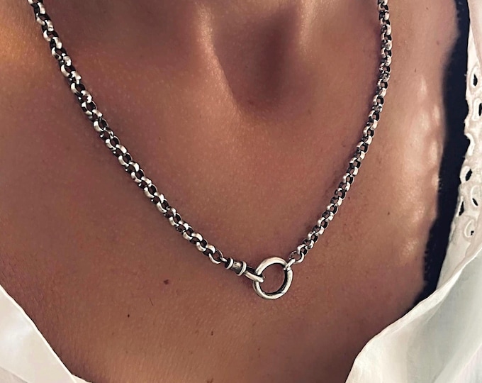 925s Double Clasp Rolo Chain | Swivel + Charm Clasp | oxidized or bright silver chain, 4mm wide | solid sterling silver