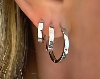 Silver Huggie Hoop Earrings | snap hinge one-touch closure | 925 sterling silver