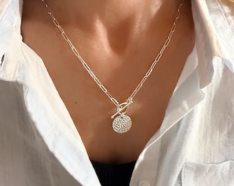 Silver Toggle Paperclip Necklace | medallion pendant | 925 sterling silver