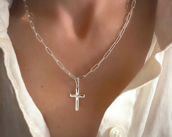Silver Paperclip Cross Necklace | rounded paperclip chain | 925 sterling silver