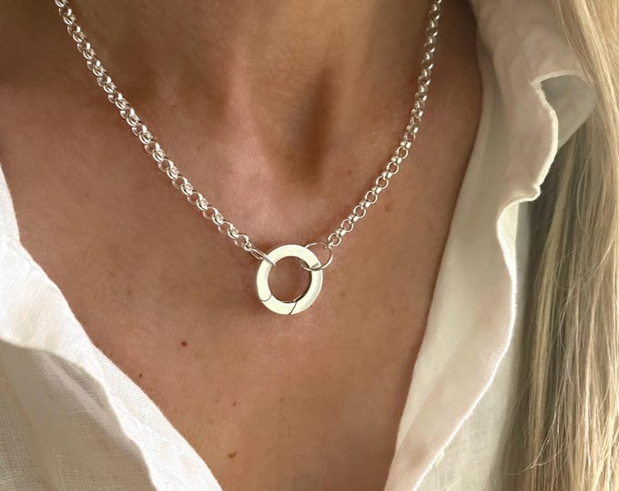 925 Silver Large Charm Clasp Necklace | 4mm rolo chain | sterling silver