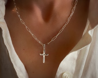 Silver Paperclip Cross Necklace | removable pendant | rounded links | 925 sterling silver