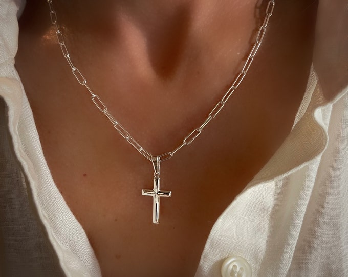 Silver Paperclip Cross Necklace | removable pendant | rounded links | 925 sterling silver