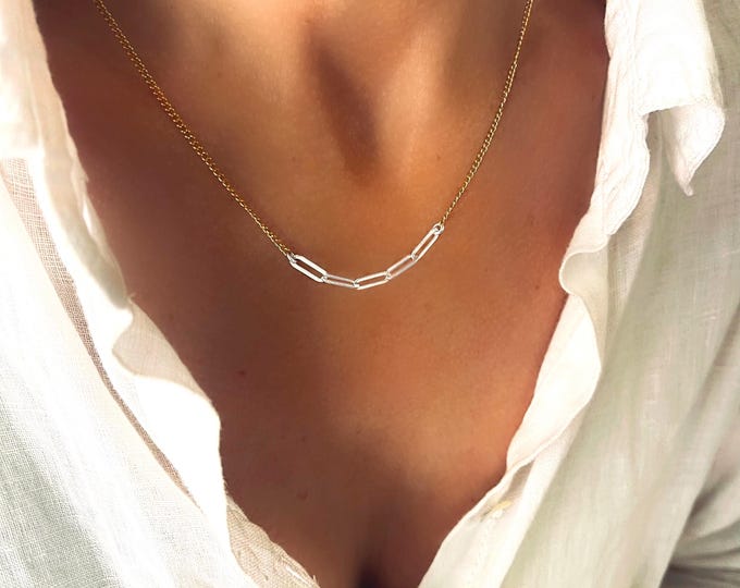 Dainty Mixed Metal Paperclip Necklace | 14k Gold Filled & Sterling Silver