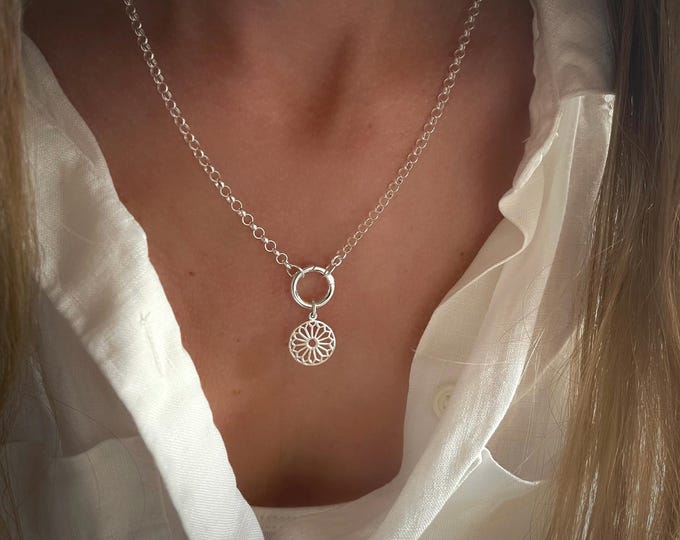 Silver Mandala Necklace | round charm push clasp | 3.5mm rolo chain | 925 sterling silver
