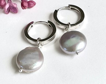 Coin Pearl Huggie Earrings | convertible grey pearl earrings | gift for her