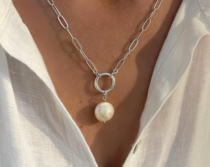 Paperclip Charm Clasp Necklace | removable coin pearl | 925 Silver Heavy-Plate