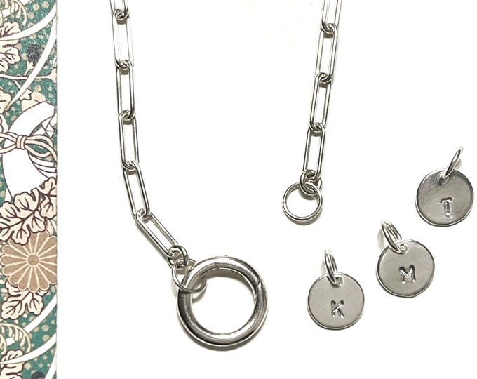 925S Initial Charm Clasp Necklace | paperclip chain | 925 Sterling Silver | thoughtful gift for Mom
