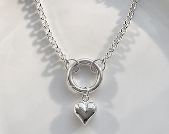 Sterling Silver Rolo Charm Clasp Necklace • Removable Puffy Heart