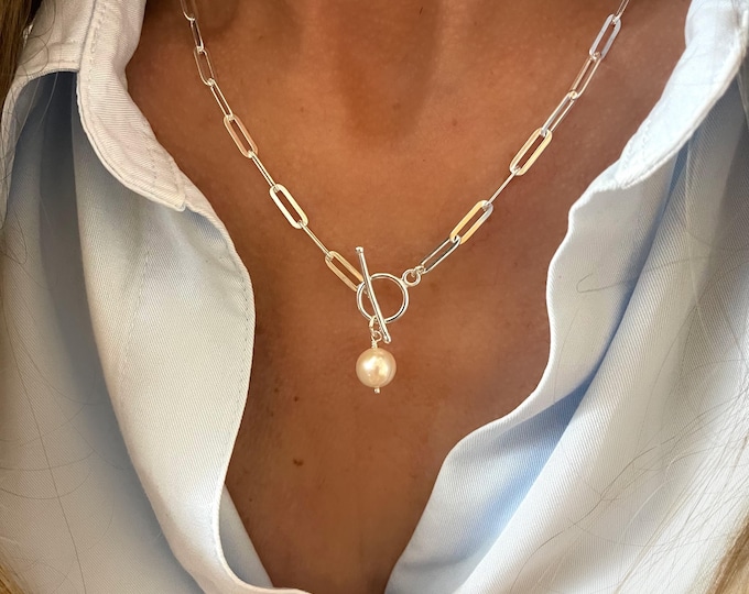 Silver Toggle Pearl Paperclip Necklace | 4x11.5mm links